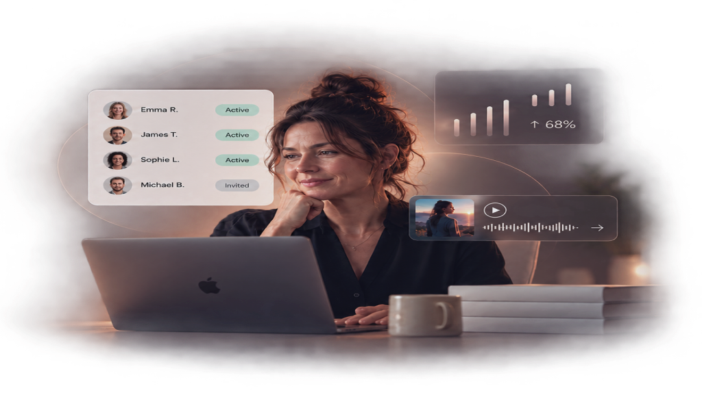 A practitioner at her laptop, with an illustrated client list and practice workspace