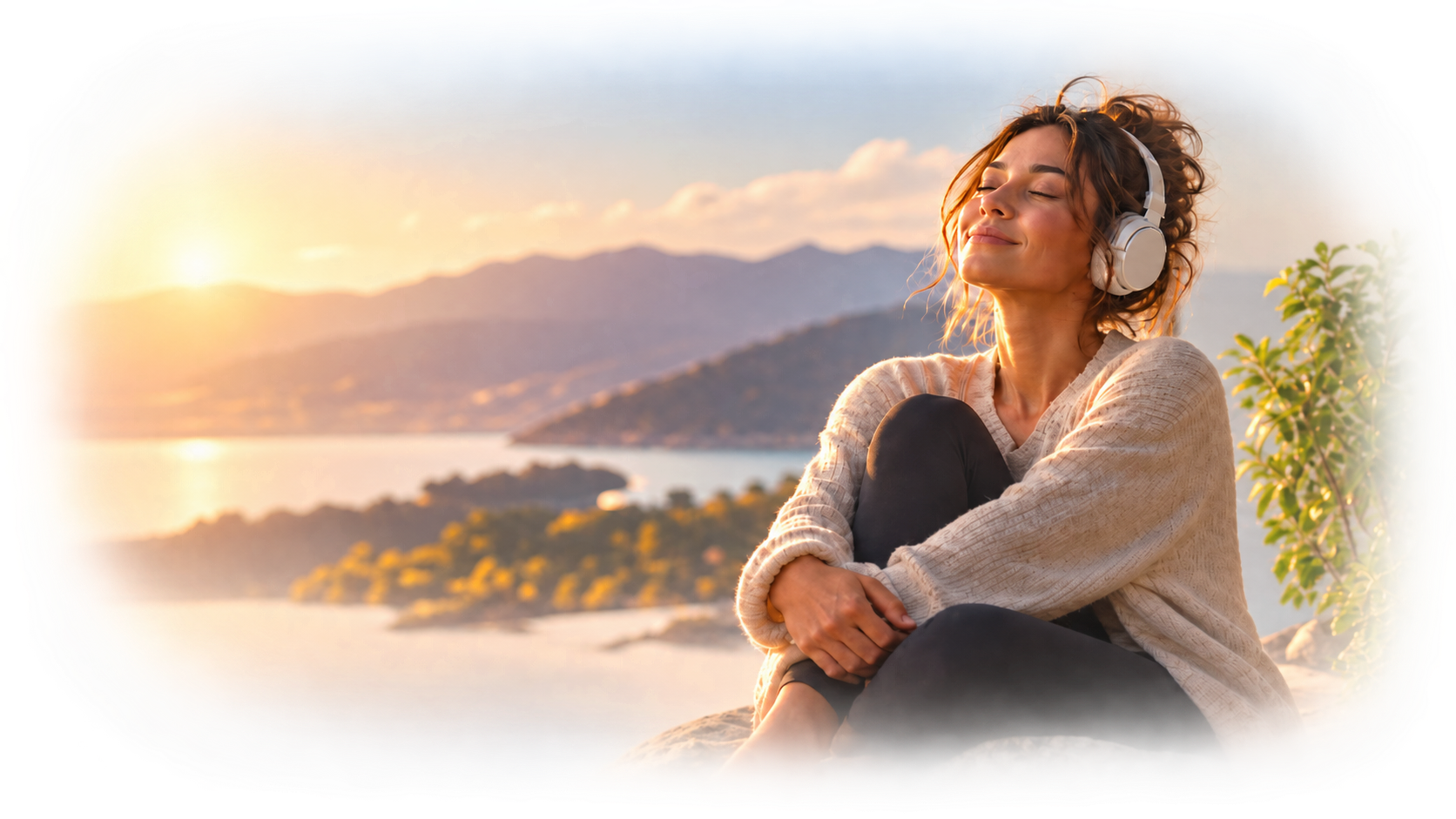 A woman listening through headphones by the sea at sunset