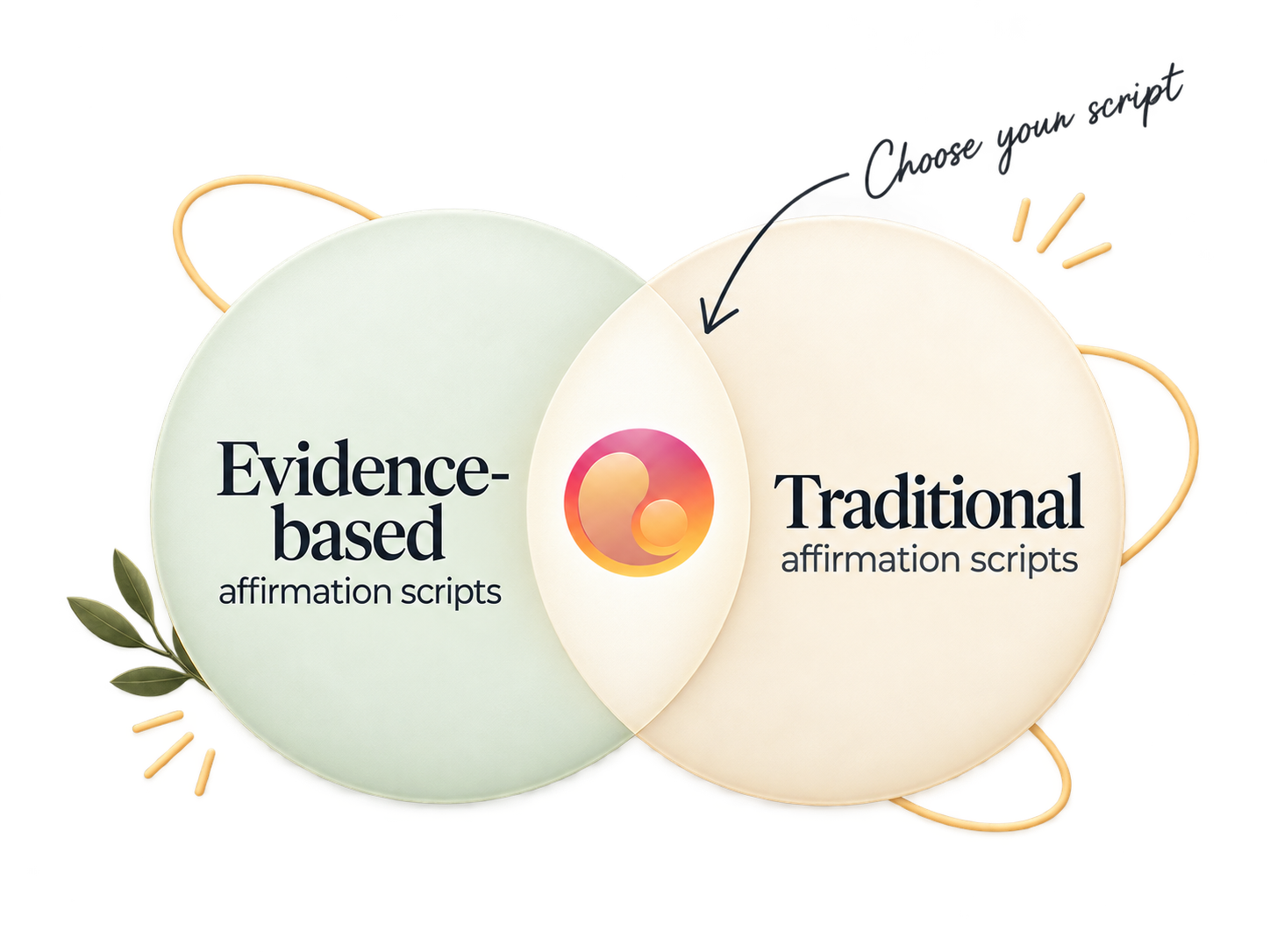 Evidence-based and traditional affirmations shown as distinct, overlapping choices