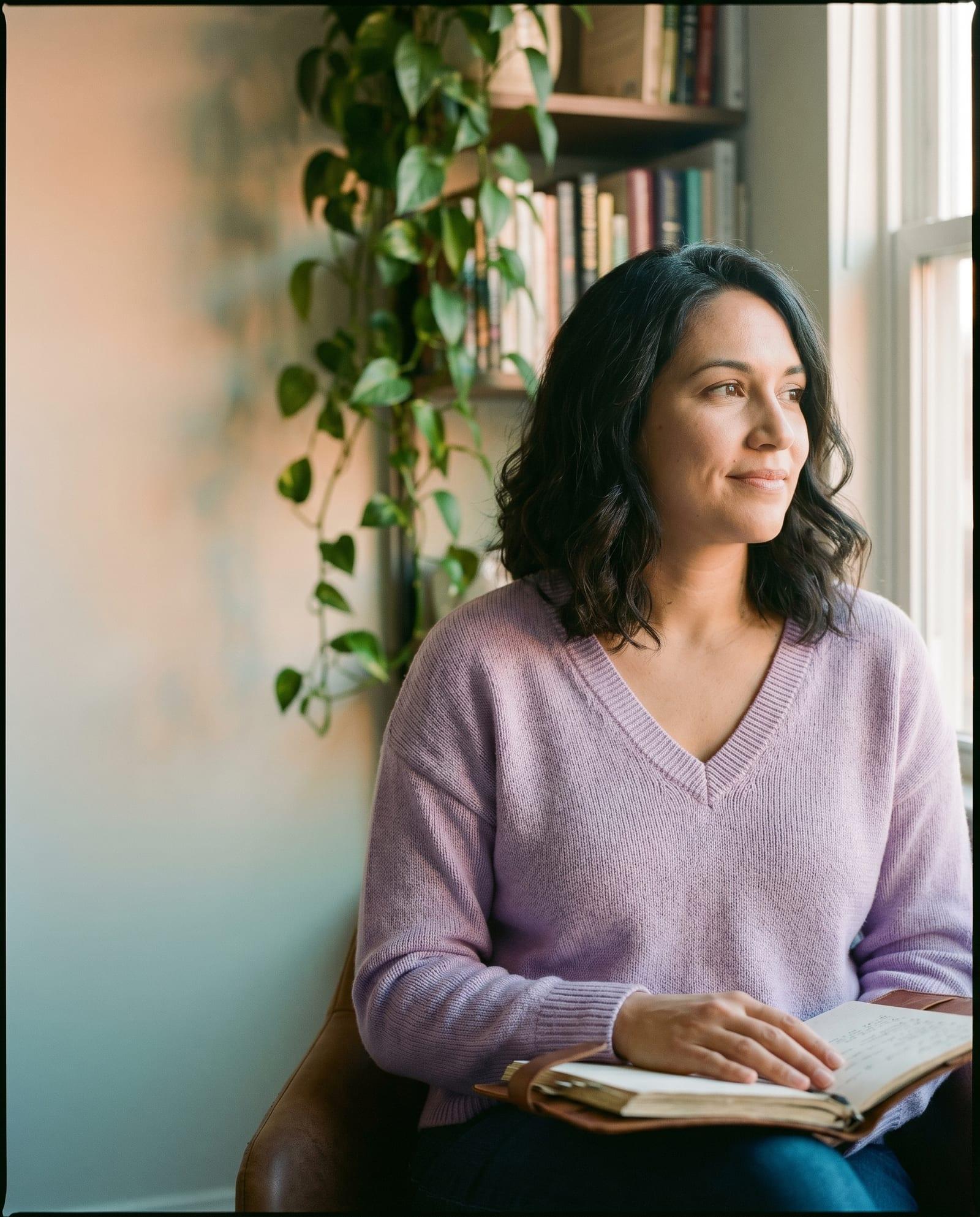 Wellness practitioner in a calm home office, looking thoughtfully past the camera