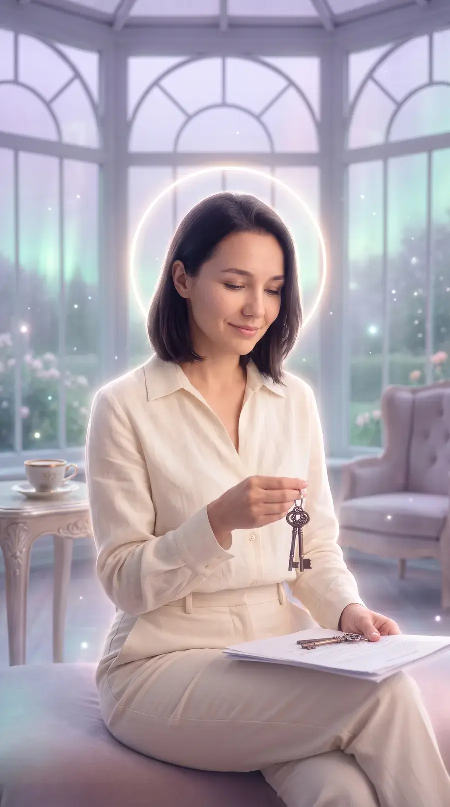 The sample persona living her Wealth & Abundance vision, rendered in the Ethereal Dreamscape style